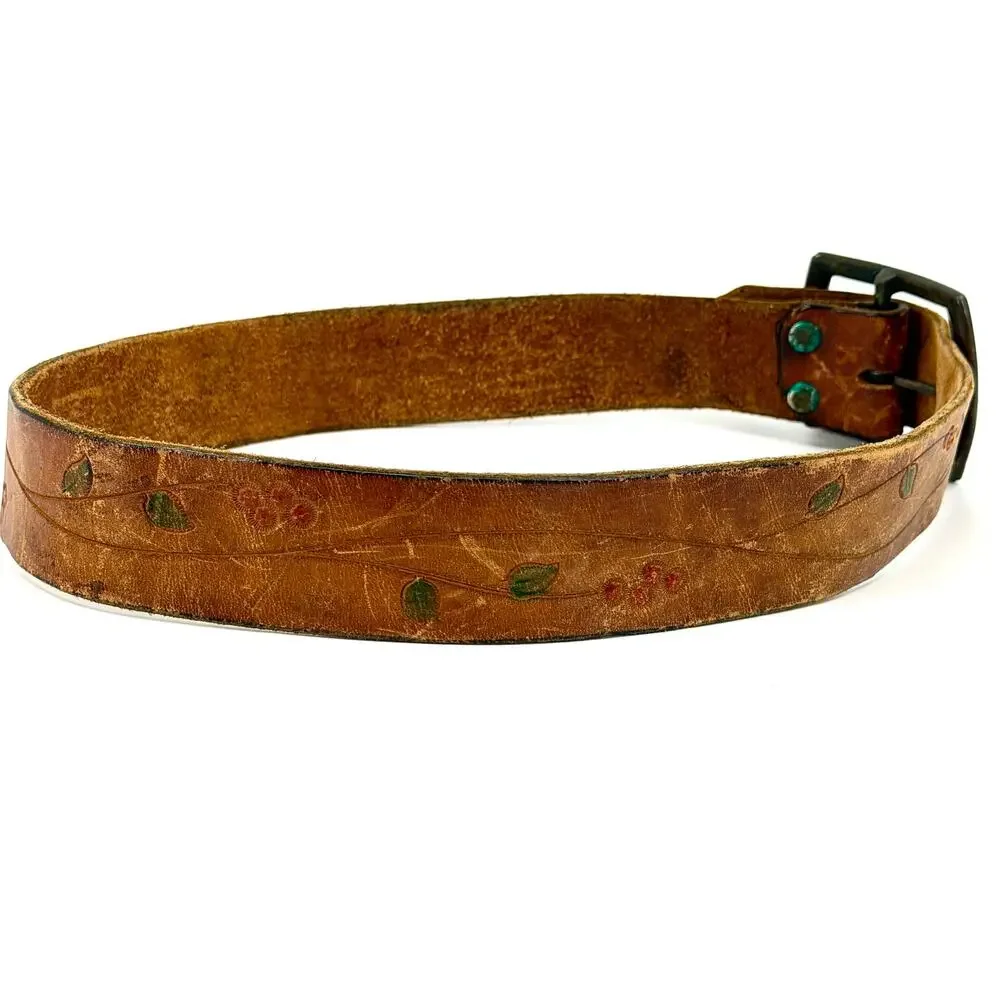 Vintage 70s Brown Leather Hand-Tooled Cherry Leaf Belt